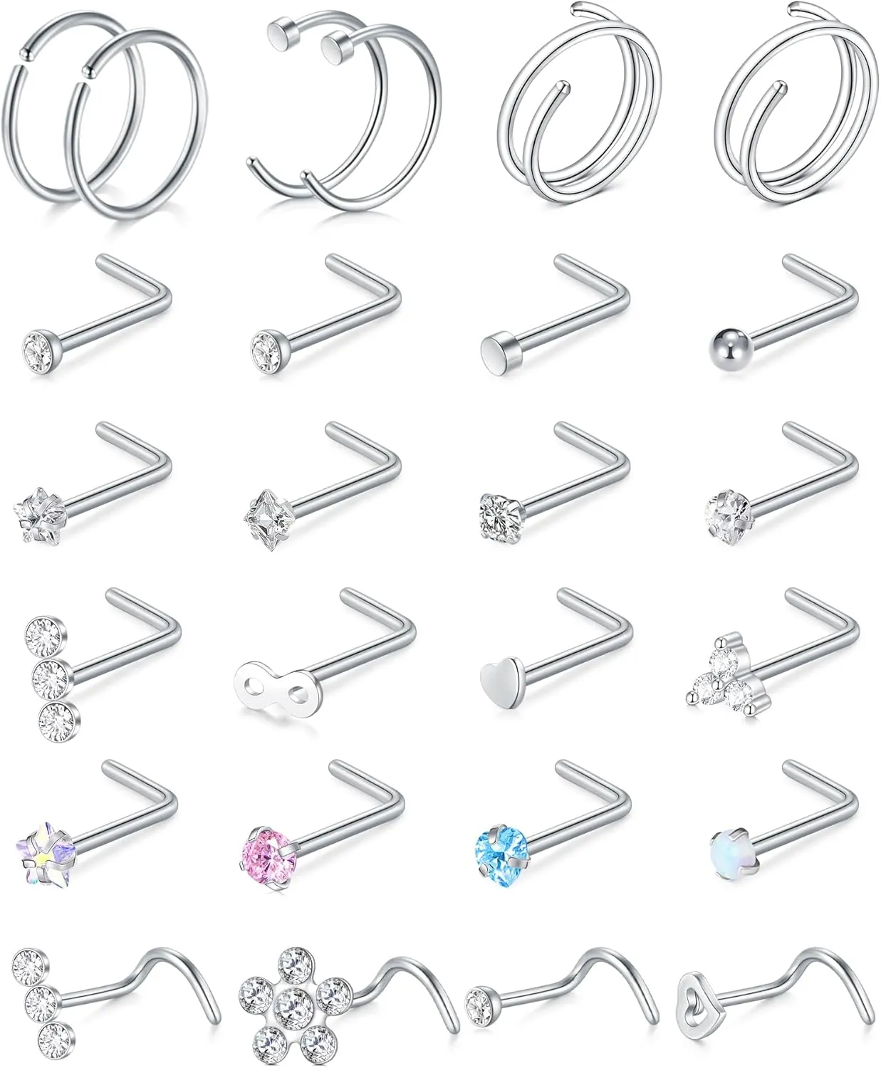 Longita 20g Nose Rings Hoop L Shape Nose Studs Stainless Steel Nose Screw Bone Flat Top Diamond Opal Heart High Nostril Piercing Jewelry Silver Rose Gold Black Pack for Women Men