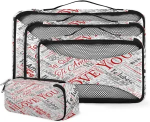 Love Letters 4 Piece Packing Travel Organizer Cubes Set Mesh Fabric Ventilate Design Lightweight Travel Accessories 4 Sizes (Extra Large, Large, Medium, Small)