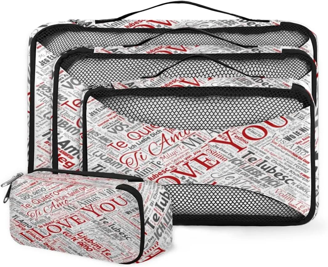 Love Letters 4 Piece Packing Travel Organizer Cubes Set Mesh Fabric Ventilate Design Lightweight Travel Accessories 4 Sizes (Extra Large, Large, Medium, Small)