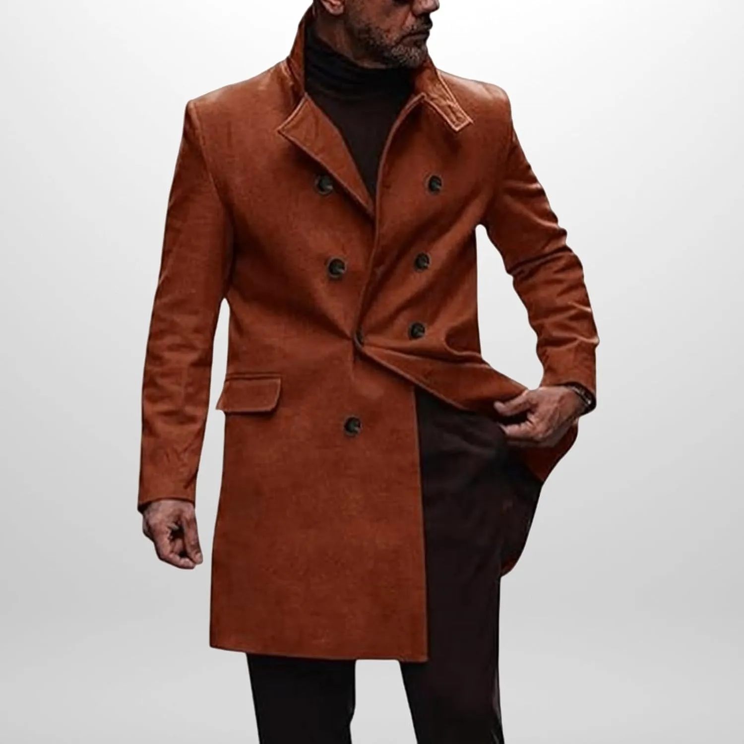 Men Trench Coat Wool Blend Fall Winter Double Breasted Pea Coat Notched Lapel Casual Business Overcoat Warm Soft Jacket