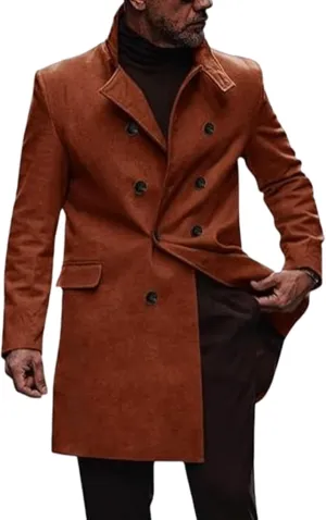 Men Trench Coat Wool Blend Fall Winter Double Breasted Pea Coat Notched Lapel Casual Business Overcoat Warm Soft Jacket