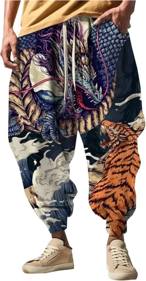 Mens Big and Tall Aladdin Harem Pants Contrast Boho Yoga Baggy Trouser All Over Print Hip Hop Hippie Drop Crotch Pant