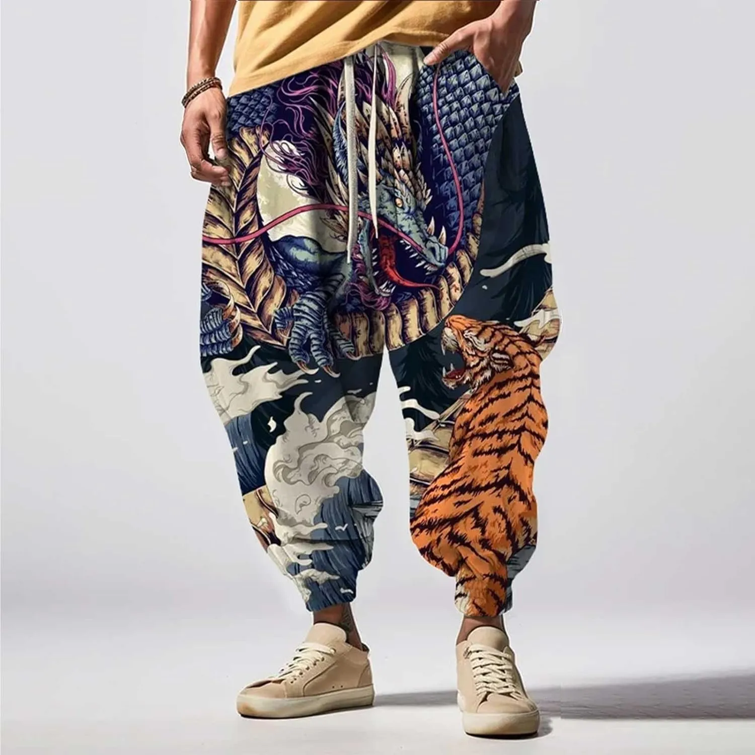 Mens Big and Tall Aladdin Harem Pants Contrast Boho Yoga Baggy Trouser All Over Print Hip Hop Hippie Drop Crotch Pant