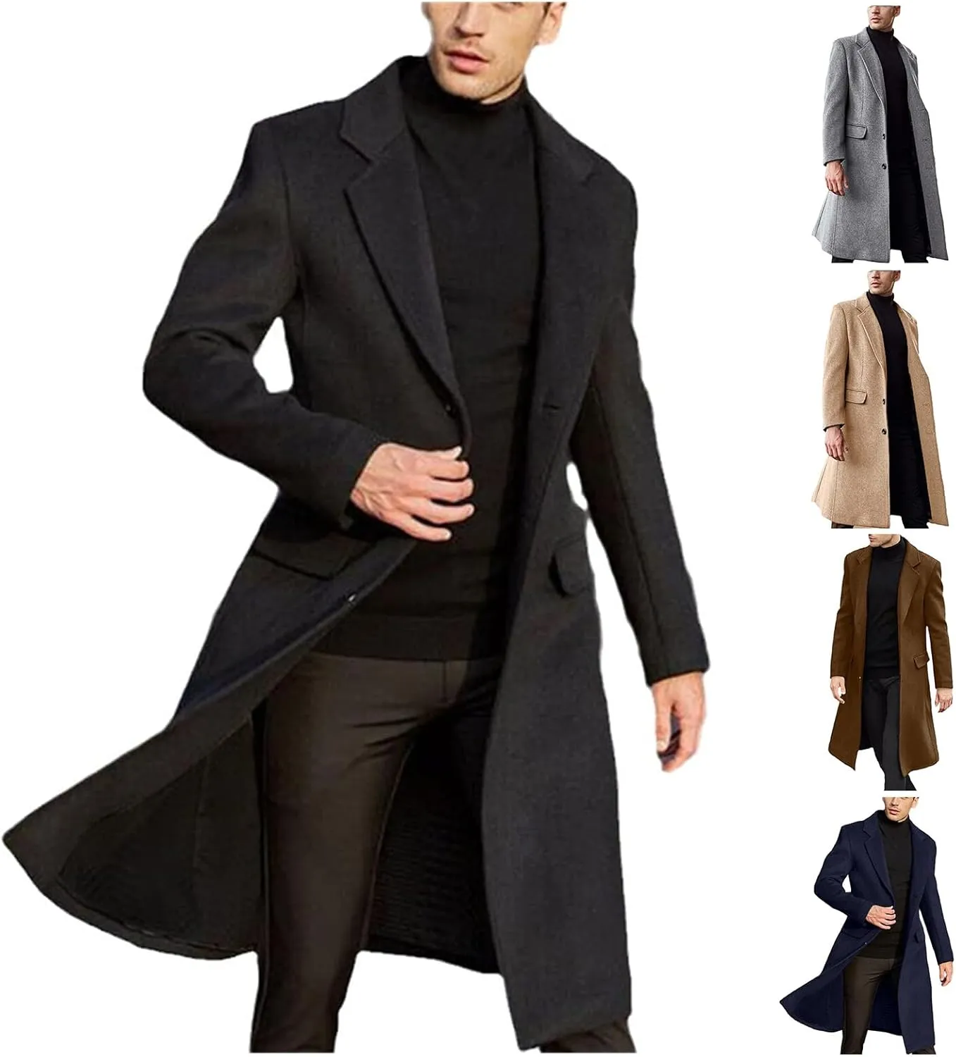 Men's British Long Trench Coat Button Warm Woolen Coat Fashion Casual Solid Color Coat Windbreaker Fall Winter