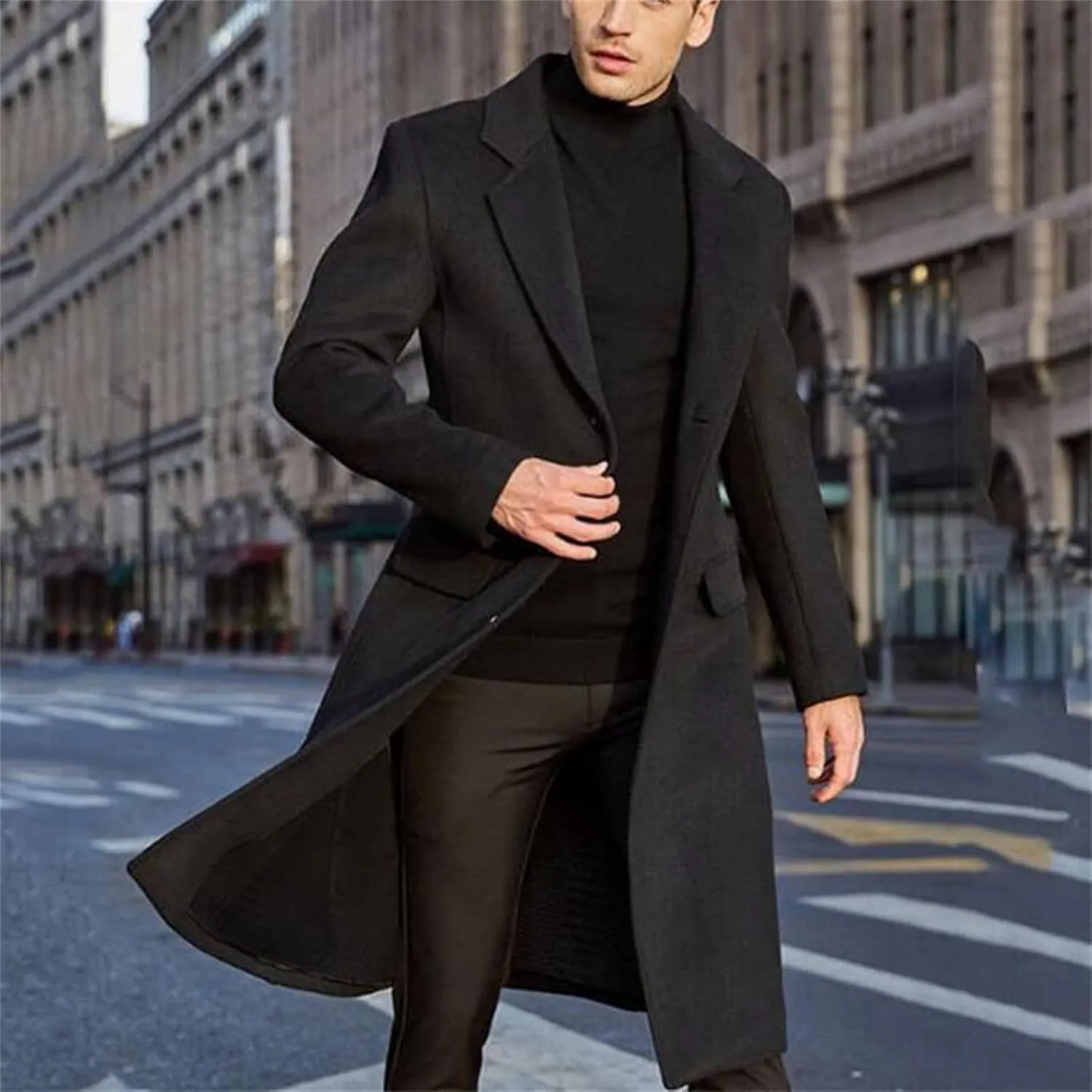 Men's British Long Trench Coat Button Warm Woolen Coat Fashion Casual Solid Color Coat Windbreaker Fall Winter