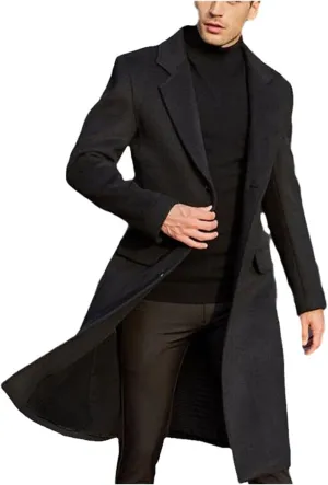 Men's British Long Trench Coat Button Warm Woolen Coat Fashion Casual Solid Color Coat Windbreaker Fall Winter