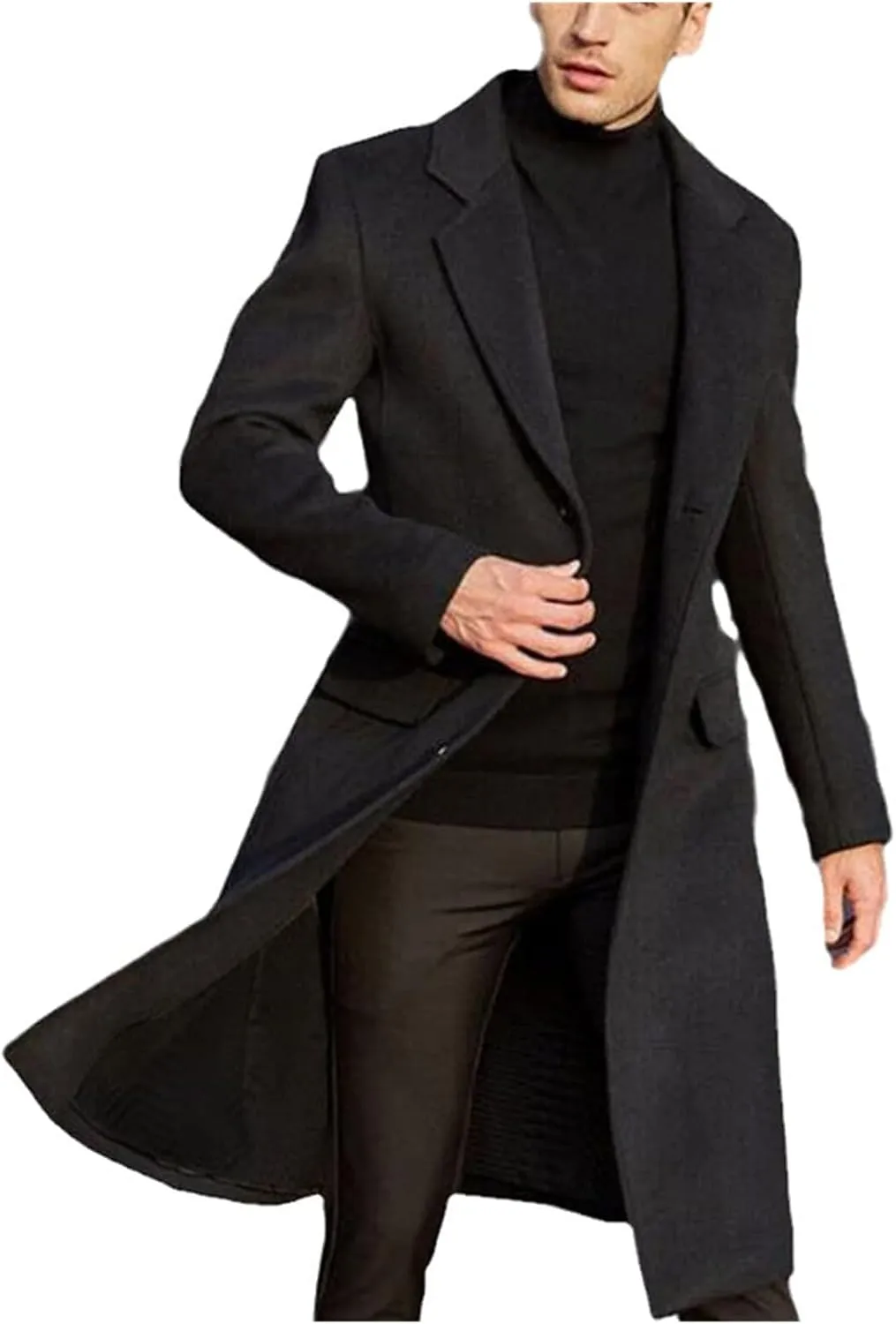 Men's British Long Trench Coat Button Warm Woolen Coat Fashion Casual Solid Color Coat Windbreaker Fall Winter