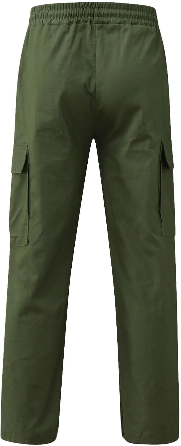 Men's Cargo Combat Pants Casual Linen Stretch Elastic Waist Pant Sweatpants Joggers Loose Gym Yoga Jogging