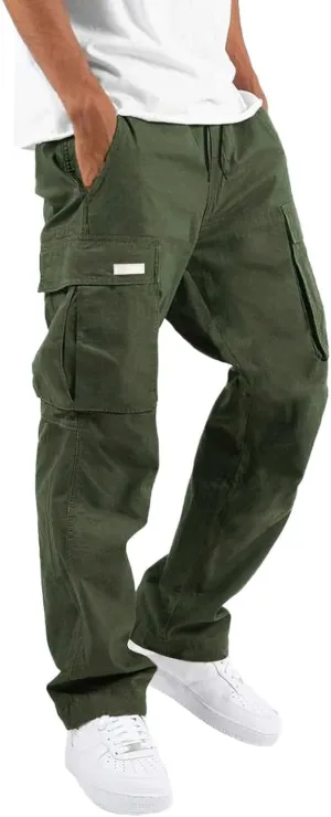 Men's Cargo Combat Pants Casual Linen Stretch Elastic Waist Pant Sweatpants Joggers Loose Gym Yoga Jogging