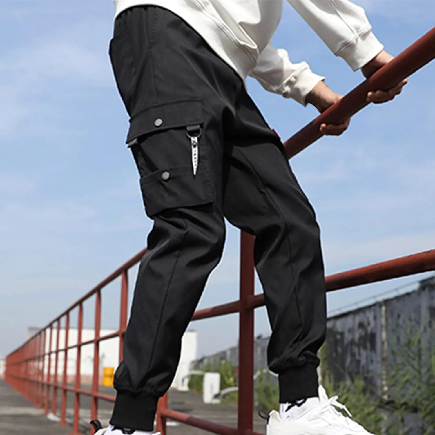Men's Cargo Pants Casual Joggers Elastic Waist Drawstring Tapered Pants Loose Fit Outdoor Trousers with Multi Pockets