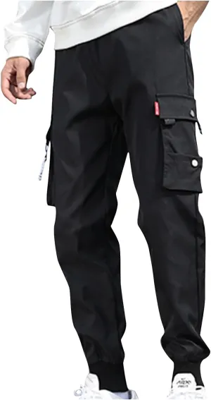 Men's Cargo Pants Casual Joggers Elastic Waist Drawstring Tapered Pants Loose Fit Outdoor Trousers with Multi Pockets