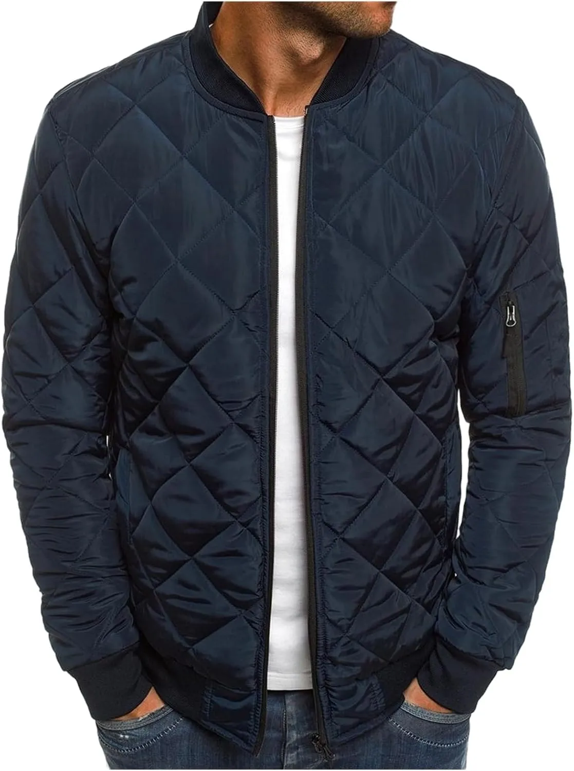 Mens Diamond Quilted Bomber Jackets Lightweight Varsity Coats Warm Flight Jacket Zipper Fashion Windproof Outwear