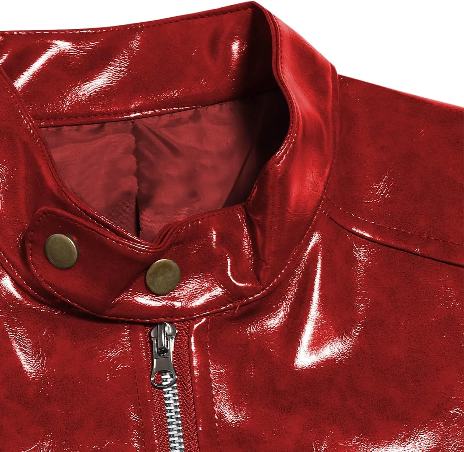 Men's Faux Leather Jacket Classic Full Zip Stand Collar Long Sleeve Solid Color PU Outerwear Trendy Motorcycle Jacket