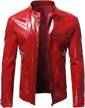 Men's Faux Leather Jacket Classic Full Zip Stand Collar Long Sleeve Solid Color PU Outerwear Trendy Motorcycle Jacket