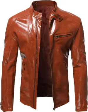 Men's Faux Leather Jacket Classic Full Zip Stand Collar Long Sleeve Solid Color PU Outerwear Trendy Motorcycle Jacket