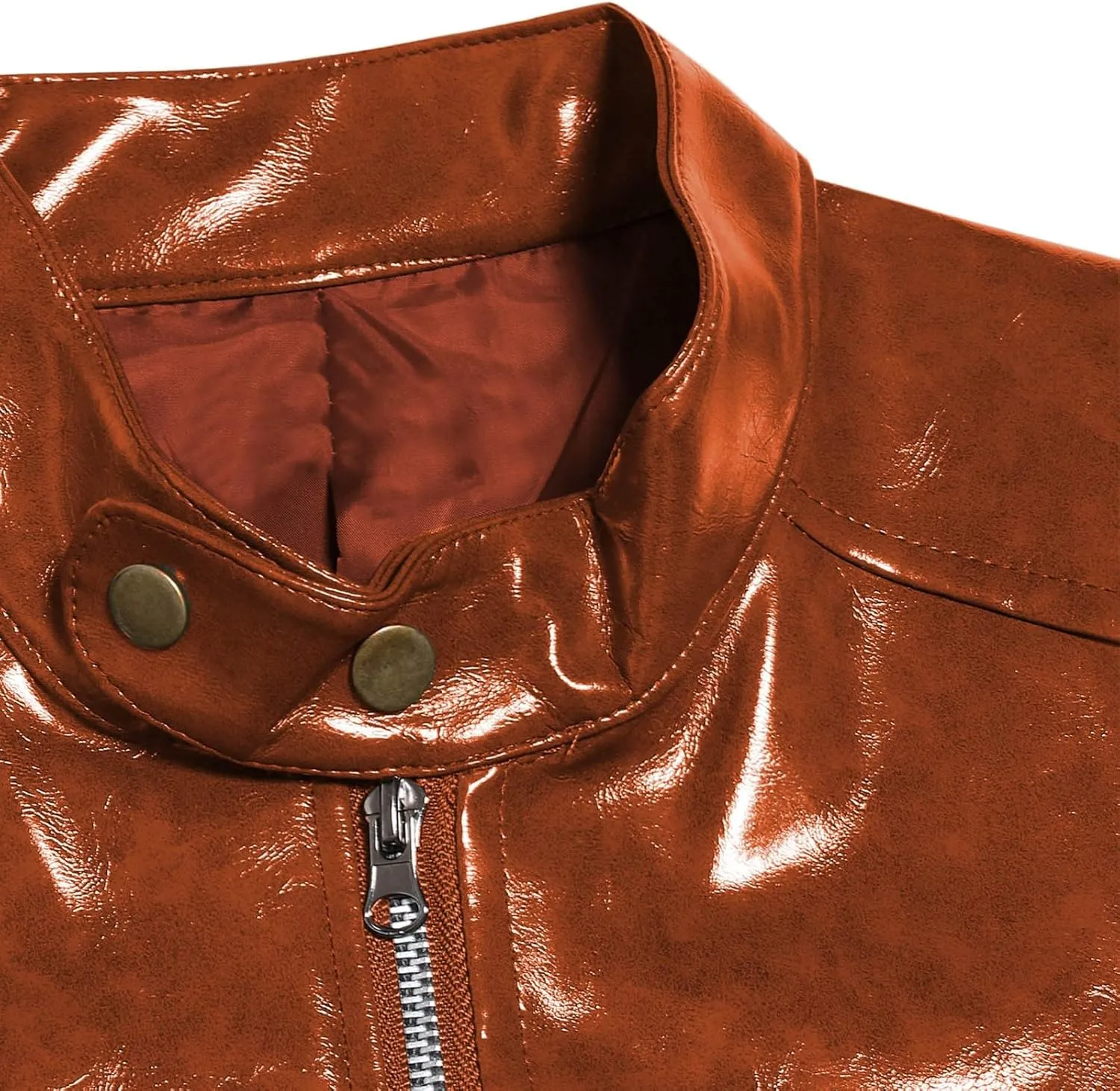 Men's Faux Leather Jacket Classic Full Zip Stand Collar Long Sleeve Solid Color PU Outerwear Trendy Motorcycle Jacket