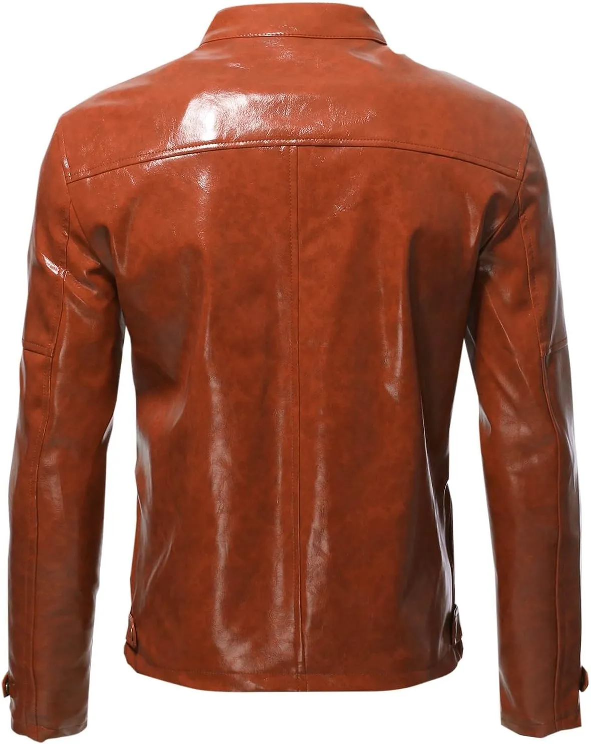 Men's Faux Leather Jacket Classic Full Zip Stand Collar Long Sleeve Solid Color PU Outerwear Trendy Motorcycle Jacket