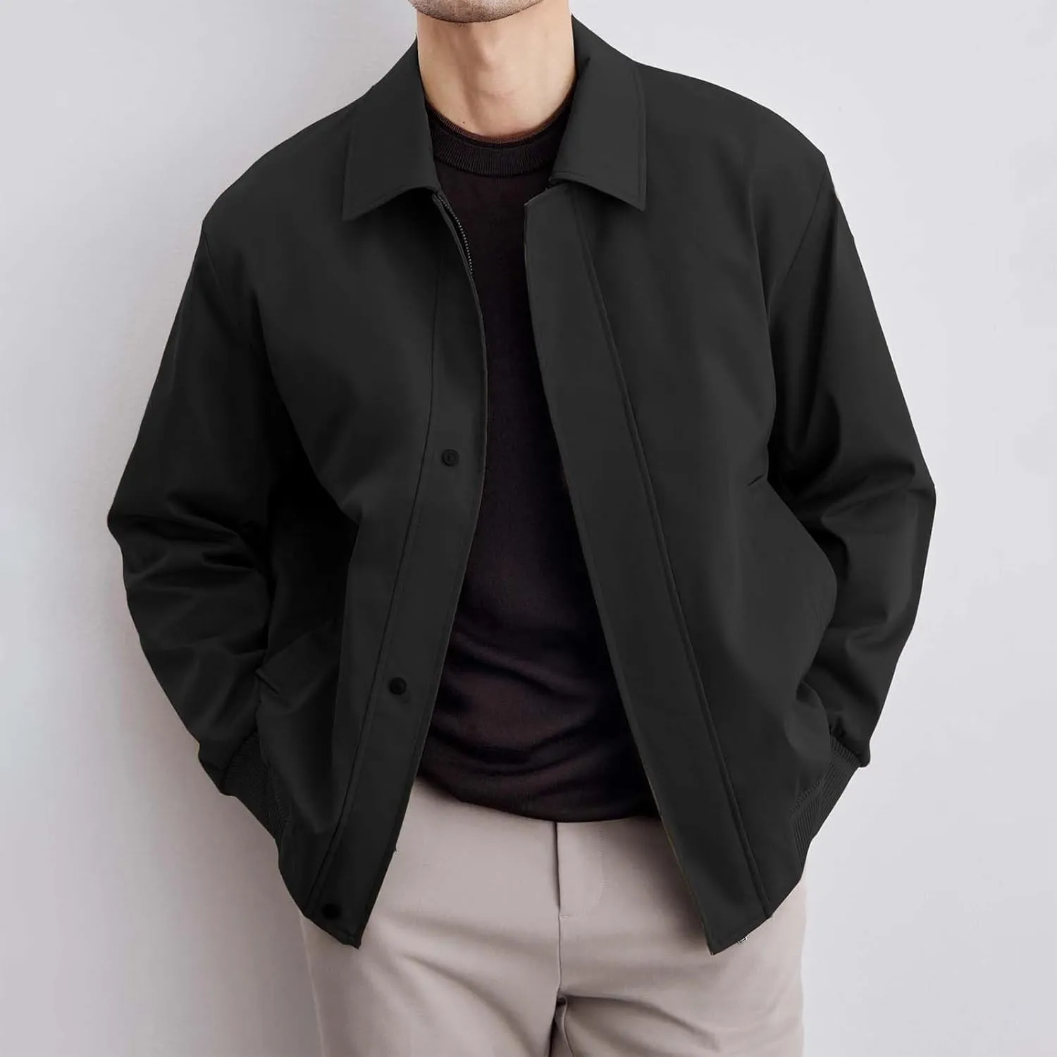 Men's Lightweight Jacket Fashion Solid Color Lapel Zipper Windbreaker Long Sleeve Casual Golf Jacket with Pockets