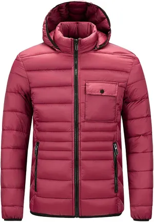 Men's Lightweight Puffer Jacket Hooded Windproof Winter Coat Full Zip Insulated Quilted Lined Down Coat with Removable Hood