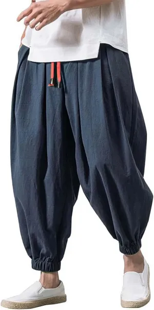 Mens Linen Hippie Hip Hop Harem Pants Loose Fit Beach Yoga Drop Crotch Trousers Elastic Waist Baggy Taiji Quinn Pants