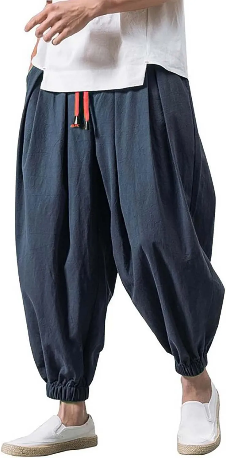 Mens Linen Hippie Hip Hop Harem Pants Loose Fit Beach Yoga Drop Crotch Trousers Elastic Waist Baggy Taiji Quinn Pants