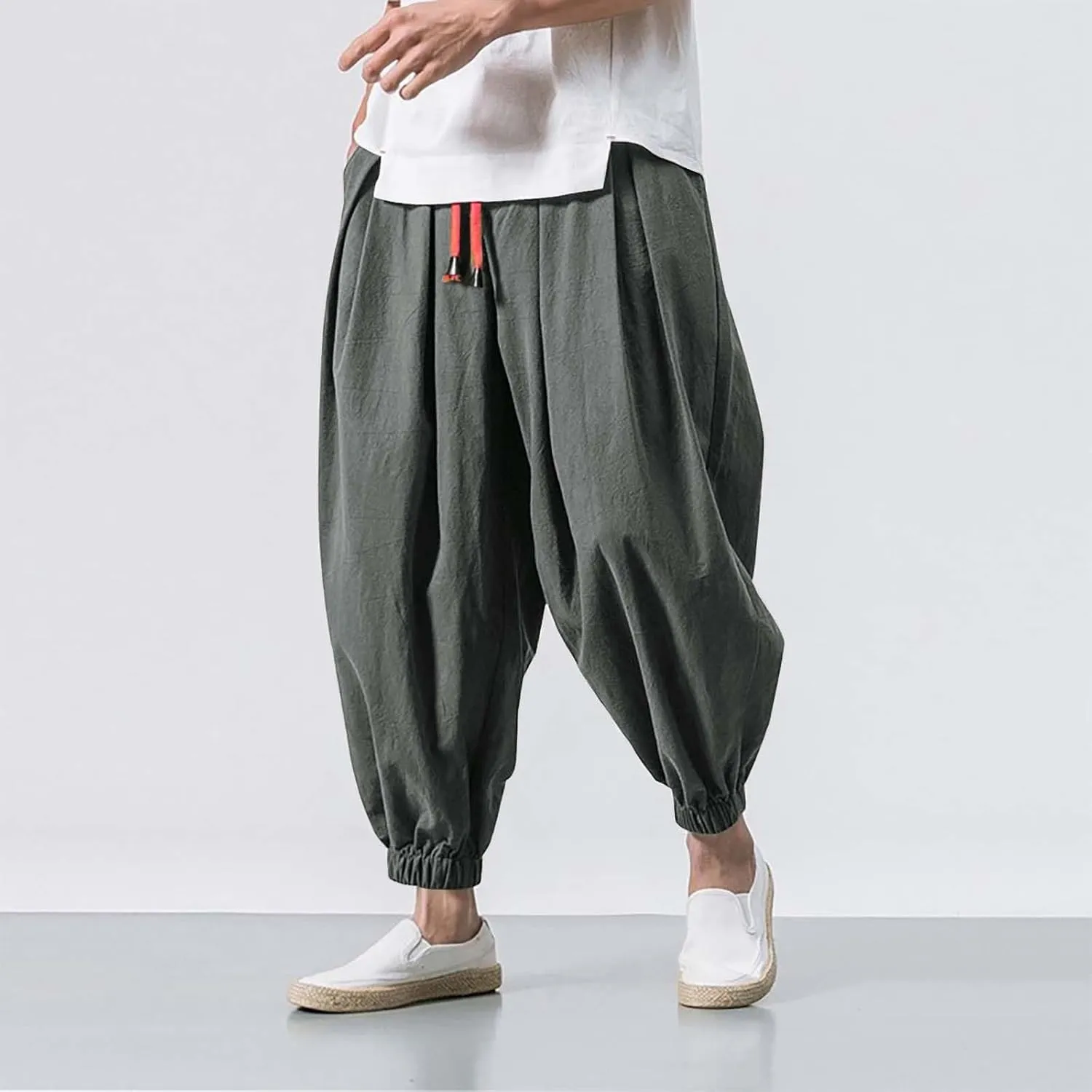 Mens Linen Hippie Hip Hop Harem Pants Loose Fit Beach Yoga Drop Crotch Trousers Elastic Waist Baggy Taiji Quinn Pants