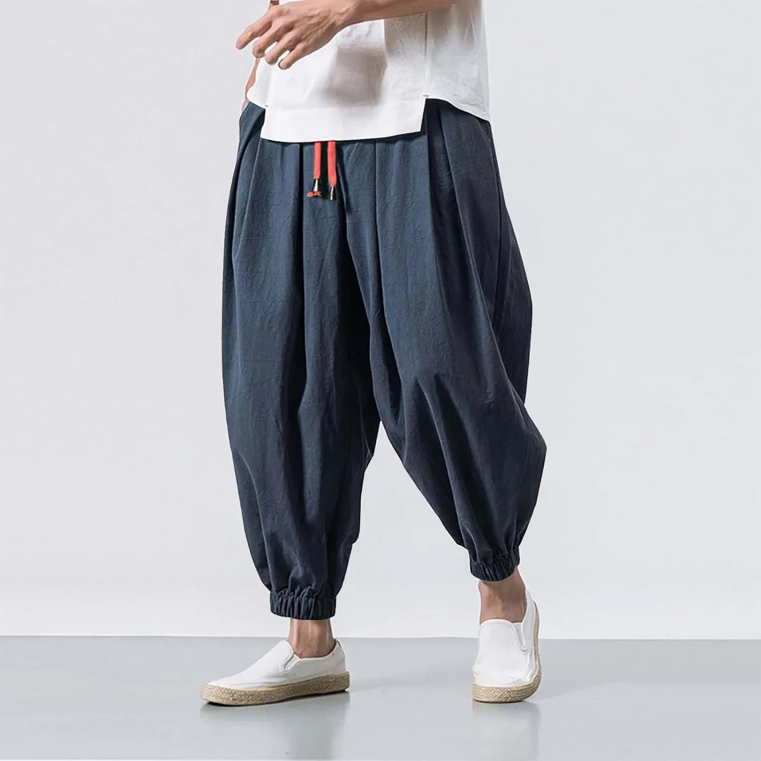 Mens Linen Hippie Hip Hop Harem Pants Loose Fit Beach Yoga Drop Crotch Trousers Elastic Waist Baggy Taiji Quinn Pants
