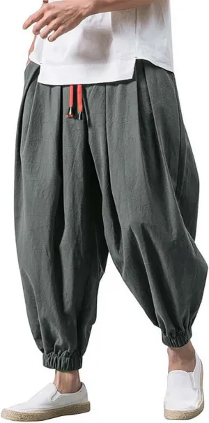 Mens Linen Hippie Hip Hop Harem Pants Loose Fit Beach Yoga Drop Crotch Trousers Elastic Waist Baggy Taiji Quinn Pants