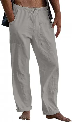 Men's Linen Pants Big and Tall Drawstring Pants Elastic Waist Trousers Lightweight Lounge Pants Loose Comfy Pants