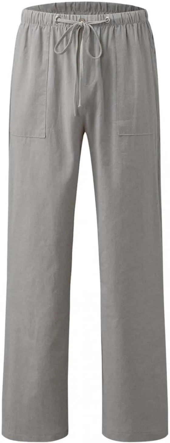 Men's Linen Pants Big and Tall Drawstring Pants Elastic Waist Trousers Lightweight Lounge Pants Loose Comfy Pants