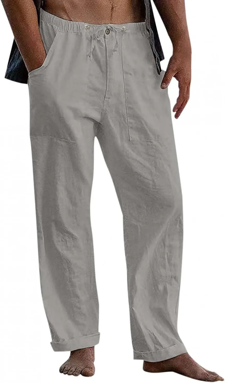 Men's Linen Pants Big and Tall Drawstring Pants Elastic Waist Trousers Lightweight Lounge Pants Loose Comfy Pants
