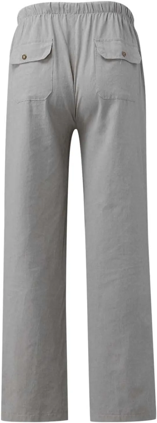 Men's Linen Pants Big and Tall Drawstring Pants Elastic Waist Trousers Lightweight Lounge Pants Loose Comfy Pants