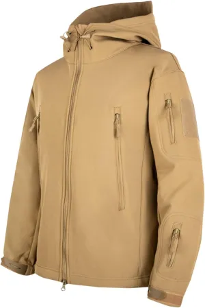 Men's Soft Shell Jacket Zip Up Fleece Lined Windbreaker Solid Color Long Sleeve Hooded Hiking Coat with Pockets