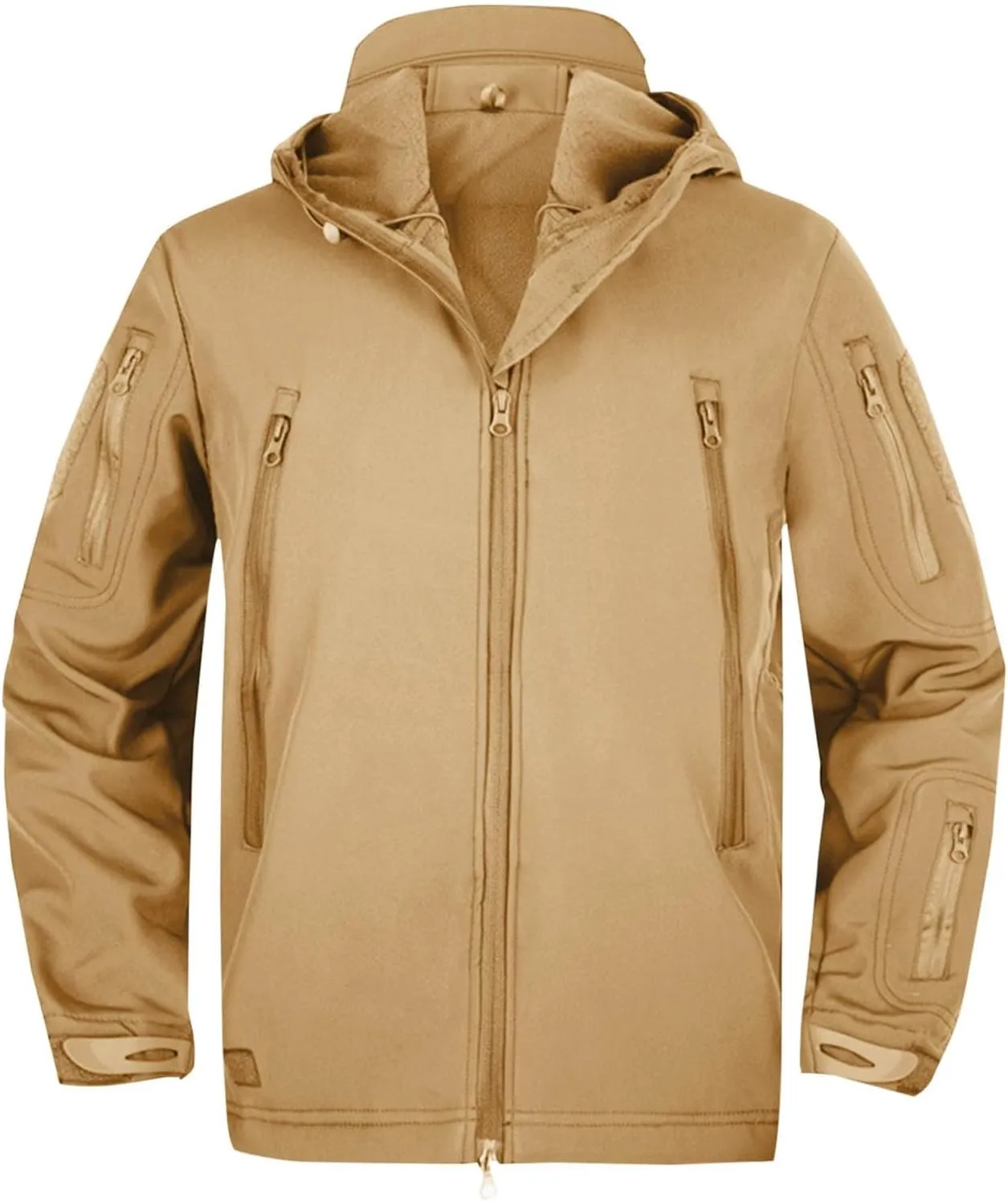 Men's Soft Shell Jacket Zip Up Fleece Lined Windbreaker Solid Color Long Sleeve Hooded Hiking Coat with Pockets