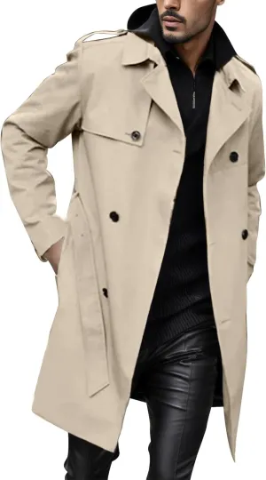 Mens Trench Coat Double Breasted Mid Long Jacket Windbreaker Overcoat Stylish Casual Pea Coat with Pockets