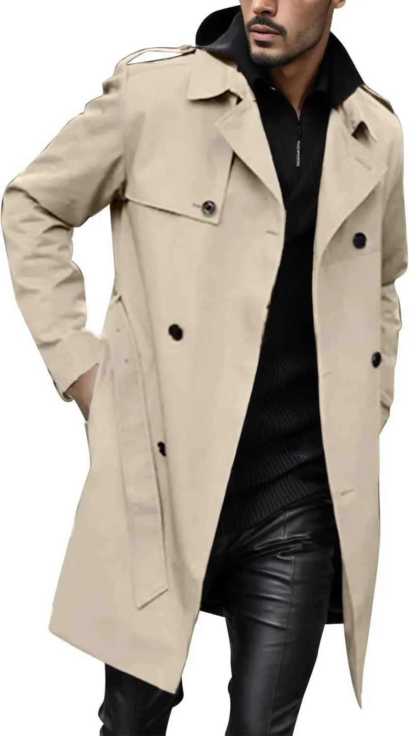 Mens Trench Coat Double Breasted Mid Long Jacket Windbreaker Overcoat Stylish Casual Pea Coat with Pockets