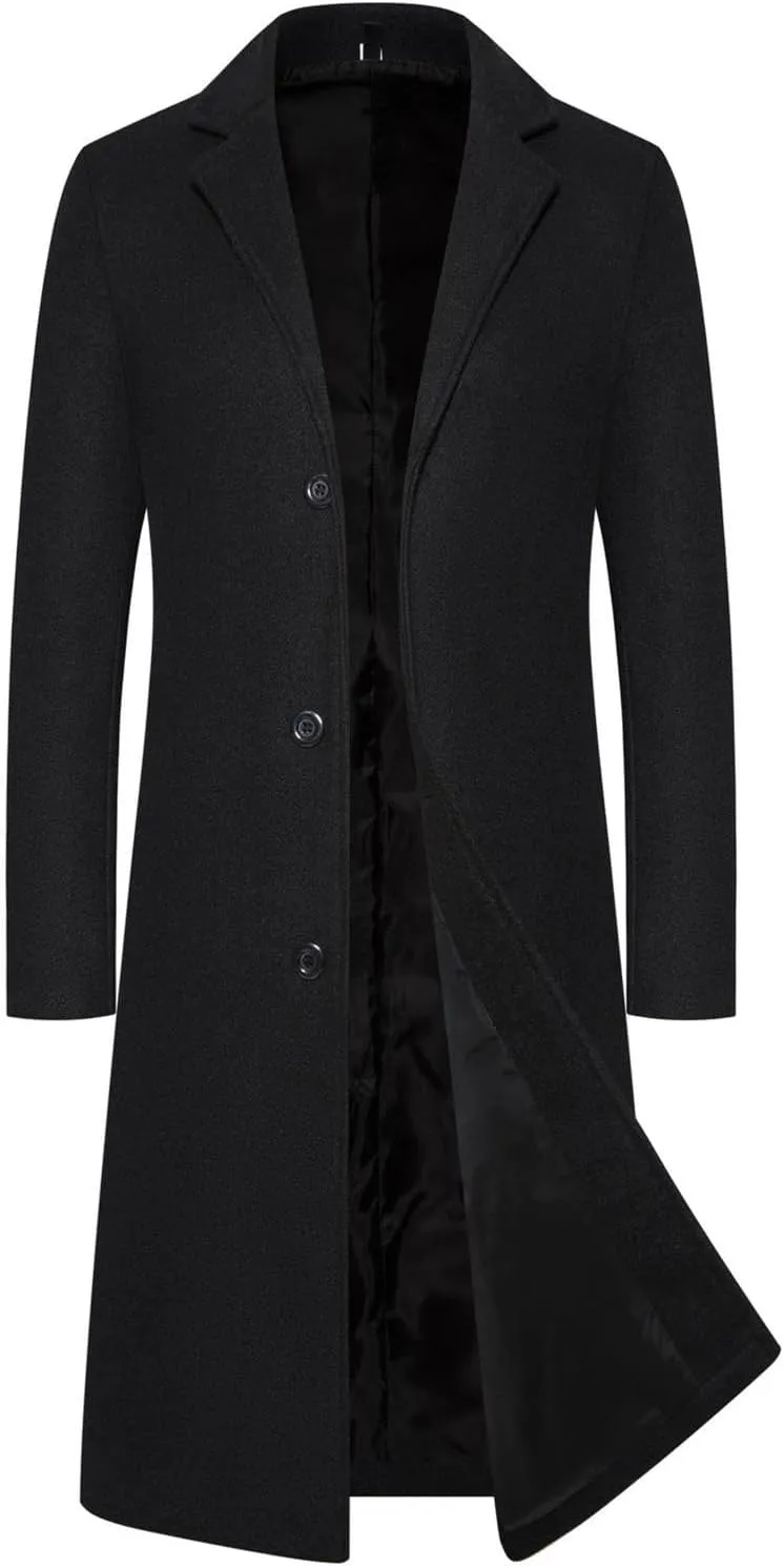 Mens Trench Coat Notch Lapel Single Breasted Pea Coat Wool Blend Winter Warm Overcoat Winter Chunky Warm Overcoats