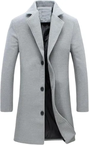 Men's Wool Blend Pea Coat Notched Collar Single Breasted Coats Warm Winter Trench Overcoat