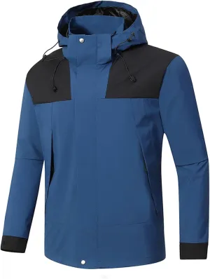Mens Zipper Windproof Waterproof Jacket Solid Color Drawstring Windbreaker Casual Slim Fit Loose Jacket with Pocket