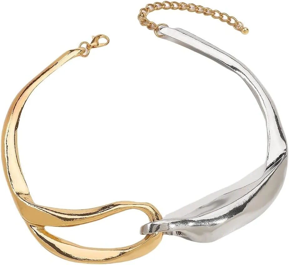 Metal Chunky Necklace Unique Knot Buckle Simple Punk Golden and Silver Minimalist Two Tone Mixcolor African Choker for Women Cool Statement Collar Chain Metallic Jewelry