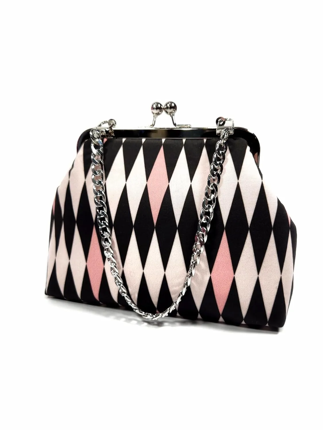 Mid Century Pink Harlequin Kisslock Clutch Bag, Vintage Style Evening Bag, Cute Retro Novelty Purse, Gift for Women