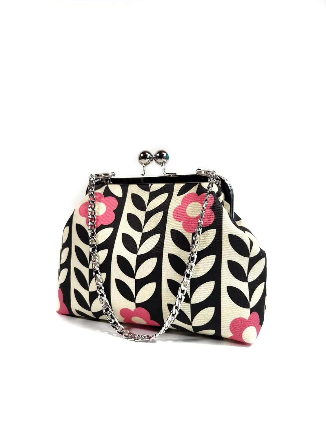Mod Floral Kisslock Clutch, Pink and Black Retro Evening Bag, Novelty Purse, Vintage Style Bag, Gift for Women
