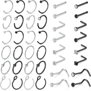 MODRSA 18G Hoop Nose Ring - Surgical Stainless Steel Studs, L Shaped Nose Stud, Piercing Jewelry for Women - Silver, Black
