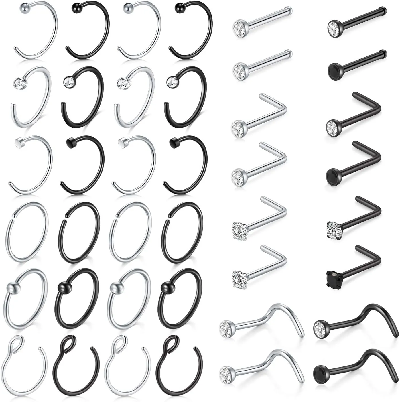 MODRSA 18G Hoop Nose Ring - Surgical Stainless Steel Studs, L Shaped Nose Stud, Piercing Jewelry for Women - Silver, Black