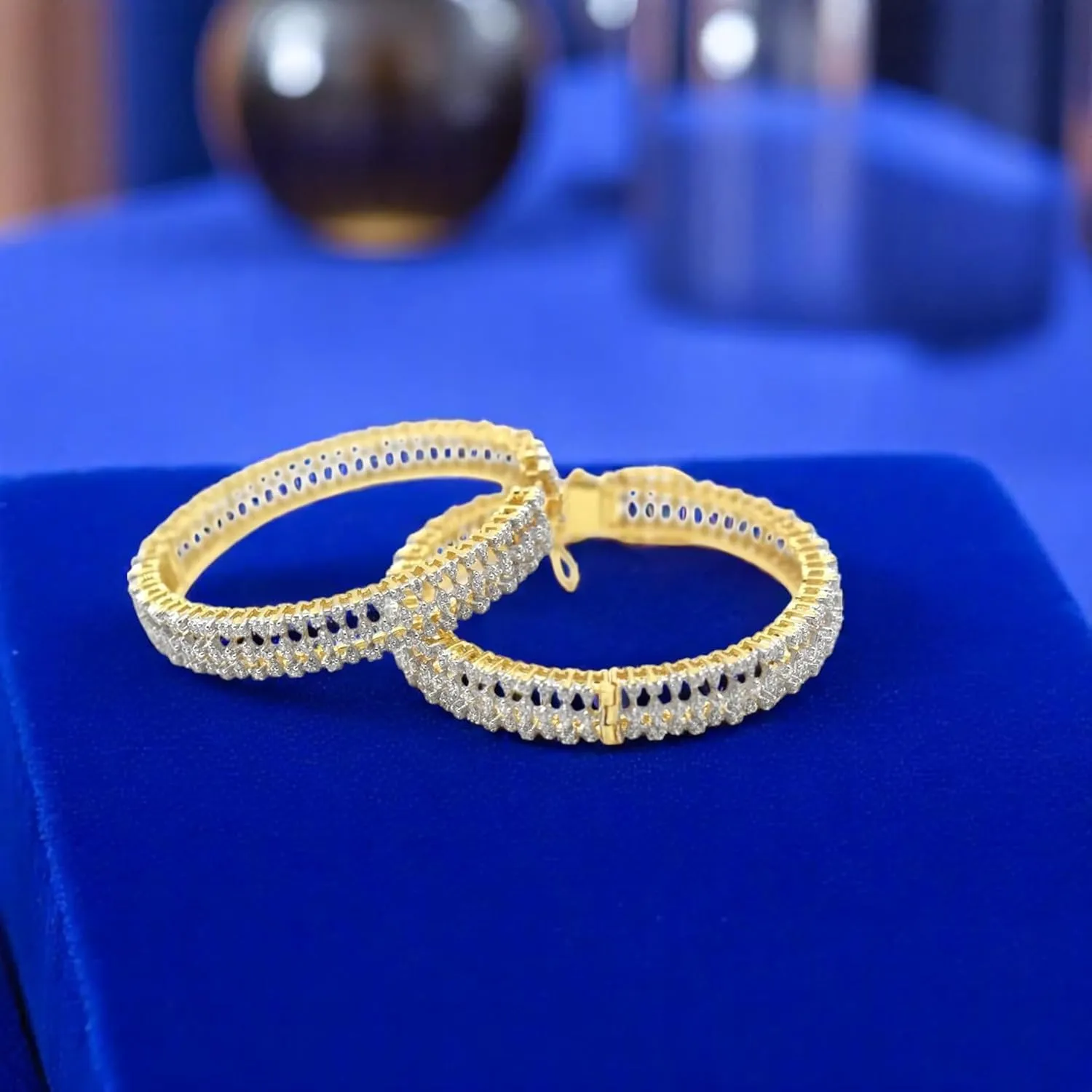 Moissanite Diamond Bangles Set for Women  Antique Yellow Gold Finish, Dainty Wedding Jewelry, Lab Diamond Bridal Bangle Bracelets (moissanite)