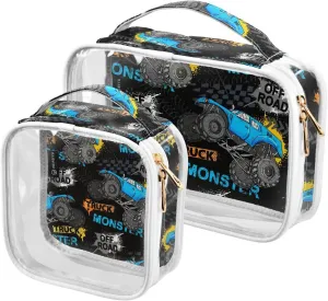 Monster Truck Tires 2 Pieces Clear Makeup Cosmetic Toiletry Bags for Women Men PVC Waterproof Portable Travel Storage Carry Pouch with Gold Zippers Handbag Purse for Vacation Bathroom Organizing