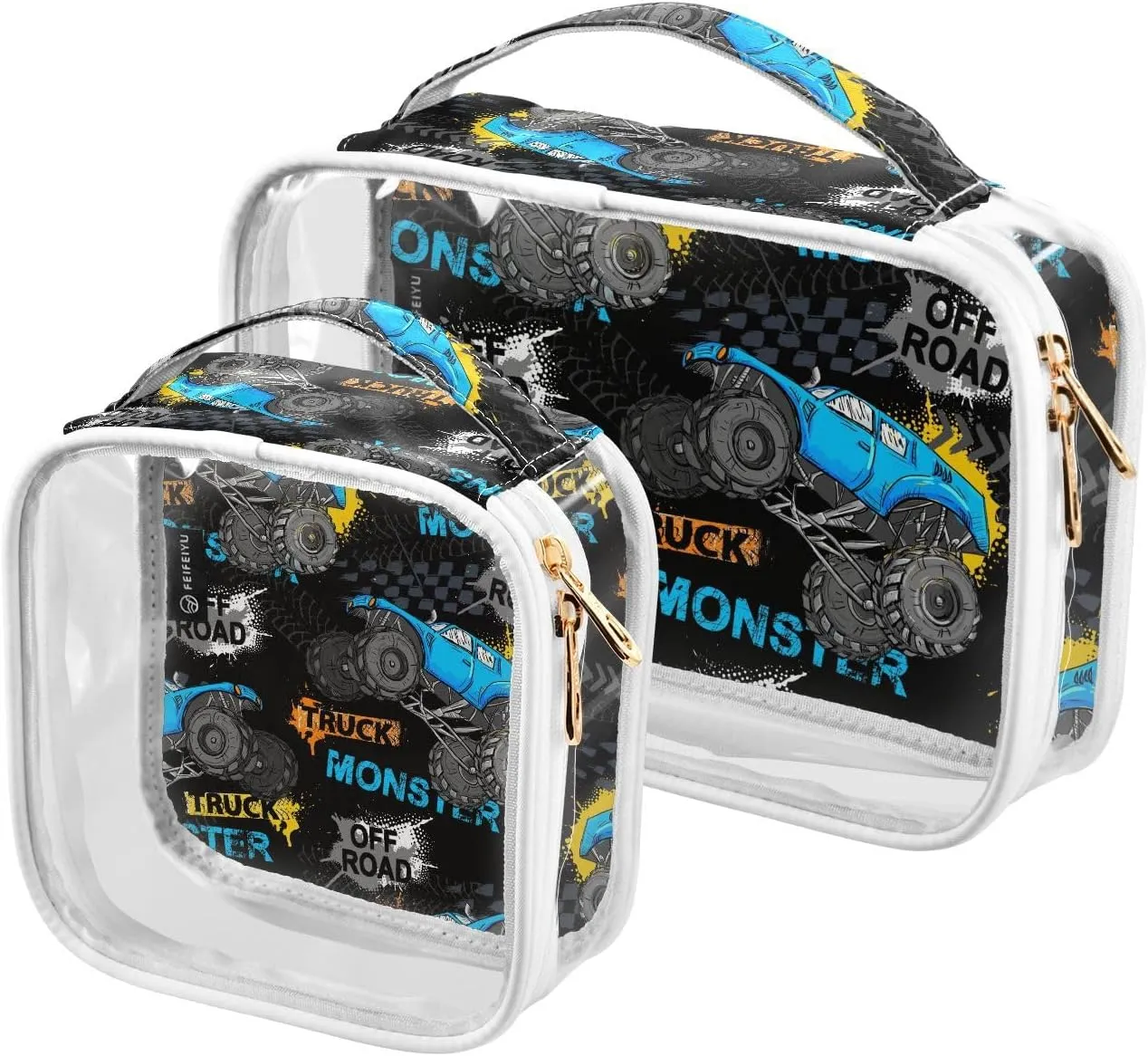 Monster Truck Tires 2 Pieces Clear Makeup Cosmetic Toiletry Bags for Women Men PVC Waterproof Portable Travel Storage Carry Pouch with Gold Zippers Handbag Purse for Vacation Bathroom Organizing