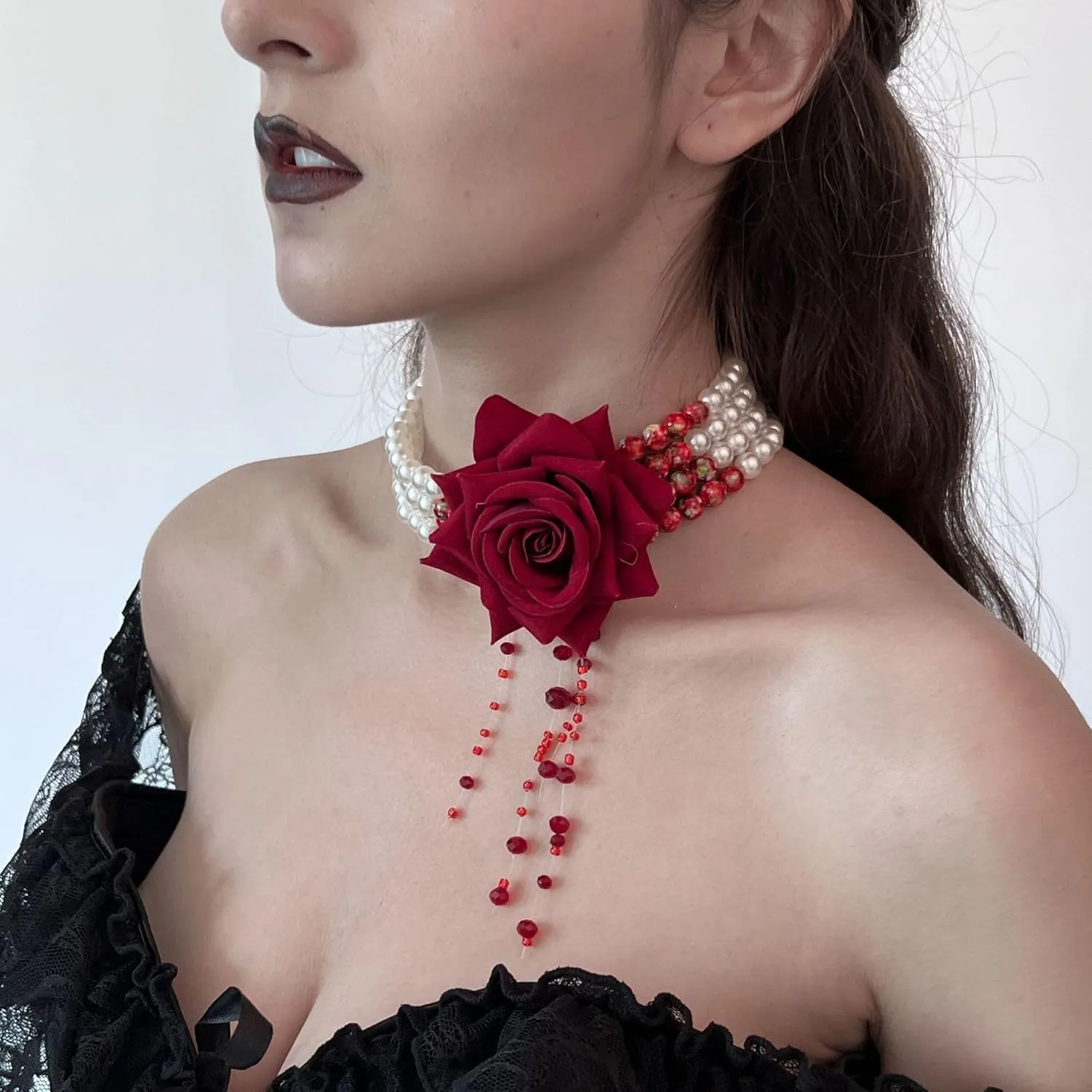 Multilayer Pearl Choker with Black Red Rose Flower Vintage Chunky Pearl Ruby Crystal Tassel Gothic Faux Pearl Statement Jewelry for Women