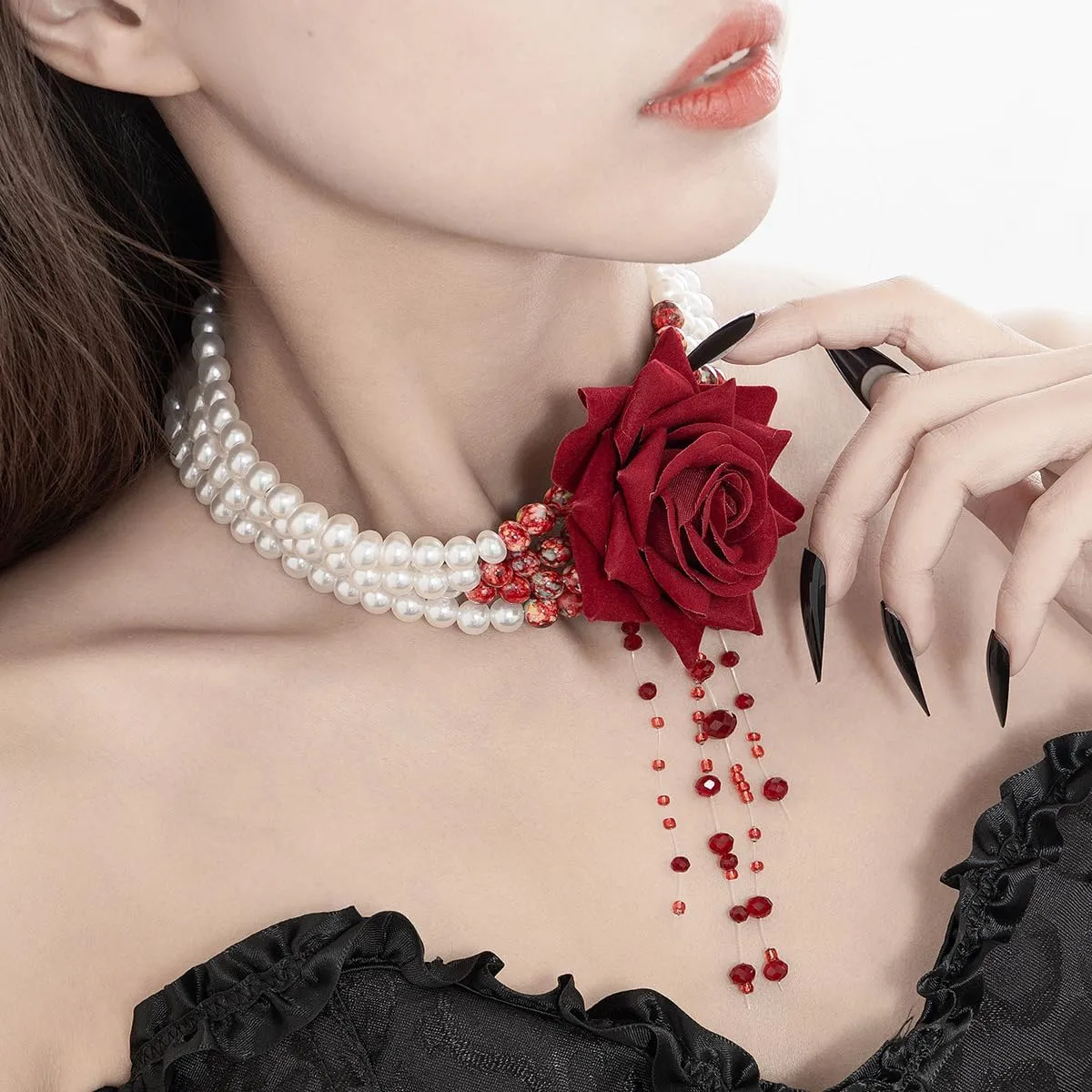 Multilayer Pearl Choker with Black Red Rose Flower Vintage Chunky Pearl Ruby Crystal Tassel Gothic Faux Pearl Statement Jewelry for Women