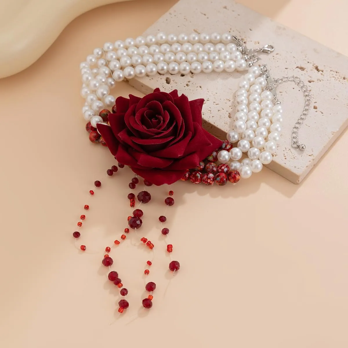 Multilayer Pearl Choker with Black Red Rose Flower Vintage Chunky Pearl Ruby Crystal Tassel Gothic Faux Pearl Statement Jewelry for Women